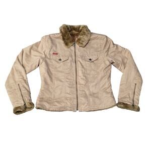 Guess Tan Full Zip Up Jacket Inside & Collar Lined Brown Faux Fur Juniors Winter